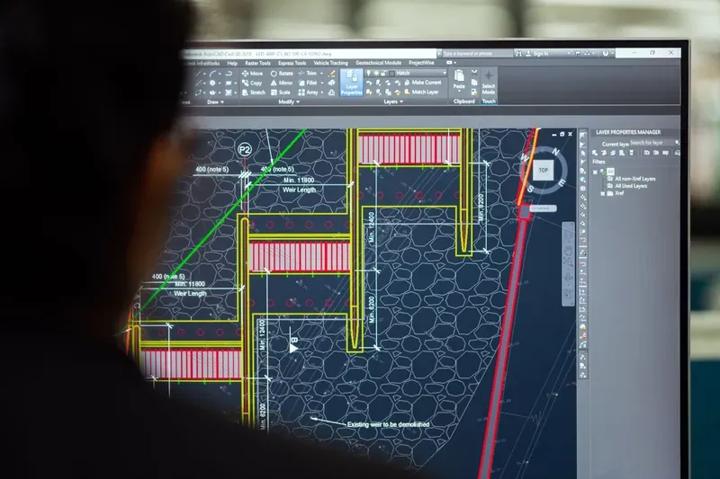 Engineer reviewing a CAD design on screen